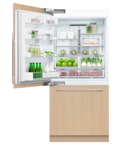 Fisher & Paykel 91cm integrated refrigerator freezer with automatic ice maker, panel-ready design, and bottom freezer drawer for modern kitchens.