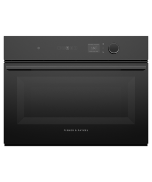 Fisher & Paykel Minimal Compact Combi Microwave Oven in black with 19 cooking functions, Wi-Fi connectivity, and touchscreen controls.