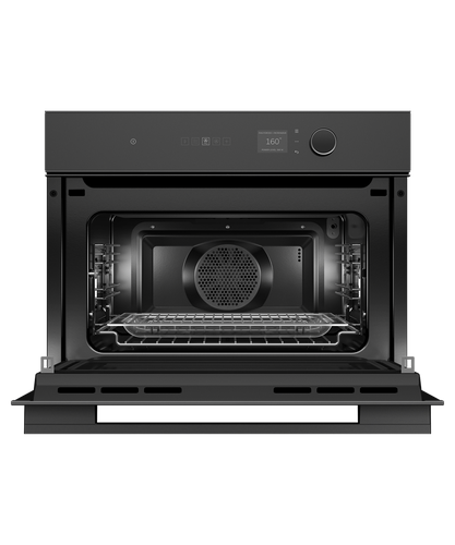 fisher-paykel-minimal-compact-combi-microwave-oven-black-open Fisher & Paykel Minimal Compact Combi Microwave Oven in black with 19 cooking functions, Wi-Fi connectivity, and touchscreen controls.