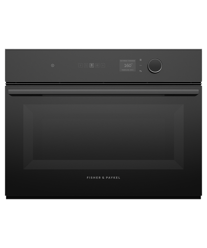 fisher-paykel-minimal-compact-combi-microwave-oven-black Fisher & Paykel Minimal Compact Combi Microwave Oven in black with 19 cooking functions, Wi-Fi connectivity, and touchscreen controls.