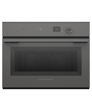 Fisher & Paykel Minimal grey compact combi microwave oven with 19 cooking functions, Wi-Fi connectivity, and touchscreen controls.