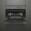 fisher-paykel-minimal-compact-combi-microwave-oven-grey-unit-open Fisher & Paykel Minimal grey compact combi microwave oven with 19 cooking functions, Wi-Fi connectivity, and touchscreen controls.