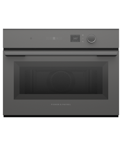 fisher-paykel-minimal-compact-combi-microwave-oven-grey Fisher & Paykel Minimal grey compact combi microwave oven with 19 cooking functions, Wi-Fi connectivity, and touchscreen controls.