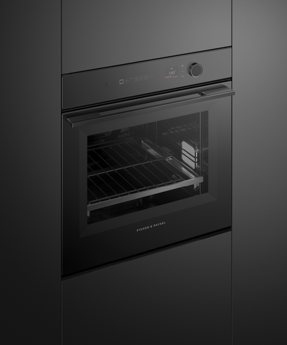 Fisher & Paykel Minimal 16-function built-in oven with black glass finish, touchscreen controls, and self-cleaning technology.