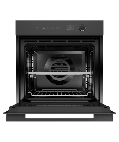 Fisher & Paykel Minimal 16-function built-in oven with black glass finish, touchscreen controls, and self-cleaning technology.