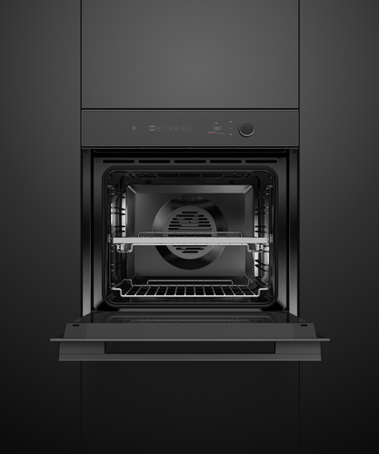 Fisher & Paykel Minimal 16-function built-in oven with black glass finish, touchscreen controls, and self-cleaning technology.