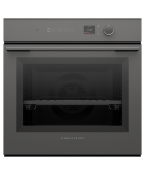 Fisher & Paykel Minimal grey built-in oven with 16 cooking functions, touchscreen controls, AeroTech™ technology, and a sleek glass finish.