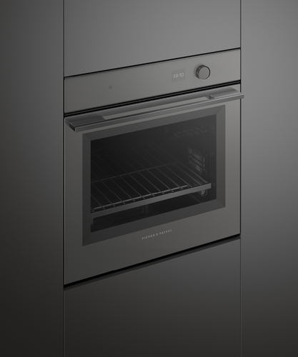 Fisher & Paykel Minimal grey built-in oven with 16 cooking functions, touchscreen controls, AeroTech™ technology, and a sleek glass finish.