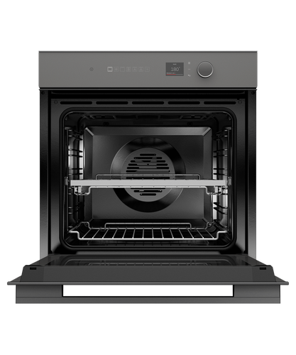 Fisher & Paykel Minimal grey built-in oven with 16 cooking functions, touchscreen controls, AeroTech™ technology, and a sleek glass finish.