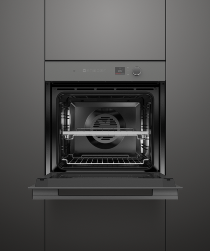 Fisher & Paykel Minimal grey built-in oven with 16 cooking functions, touchscreen controls, AeroTech™ technology, and a sleek glass finish.