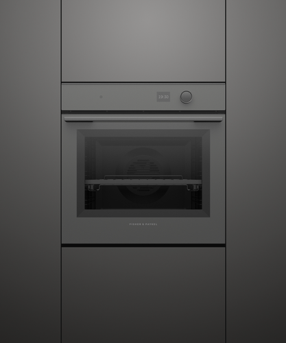 Fisher & Paykel Minimal grey built-in oven with 16 cooking functions, touchscreen controls, AeroTech™ technology, and a sleek glass finish.