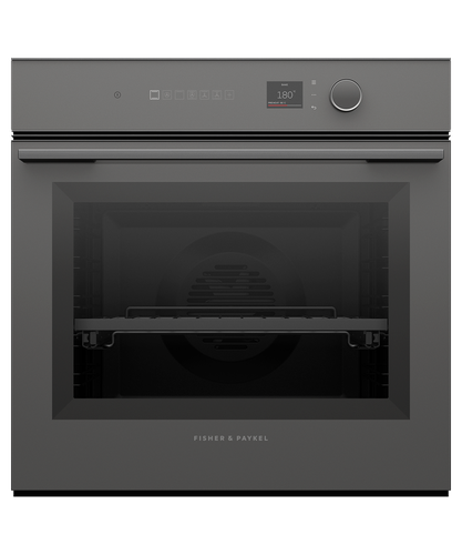 Fisher & Paykel Minimal grey built-in oven with 16 cooking functions, touchscreen controls, AeroTech™ technology, and a sleek glass finish.