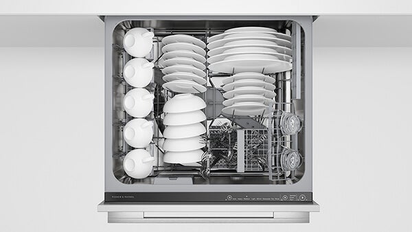 fisher-paykel-series-11-integrated-tall-double-dishdrawer-dishwasher-loaded Fisher & Paykel Series 11 integrated tall Double DishDrawer™ dishwasher with panel-ready design, two independent drawers, Wi-Fi connectivity, and quiet operation.