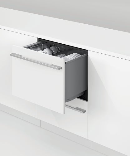fisher-paykel-series-11-integrated-tall-double-dishdrawer-dishwasher-unit-open Fisher & Paykel Series 11 integrated tall Double DishDrawer™ dishwasher with panel-ready design, two independent drawers, Wi-Fi connectivity, and quiet operation.