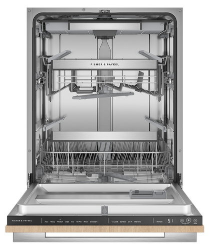 Fisher & Paykel Series 9 integrated tall dishwasher with panel-ready design, 16 place settings, Wi-Fi connectivity, and quiet operation.