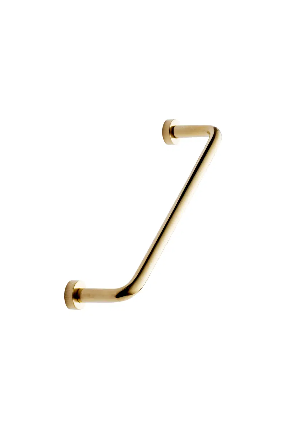 Lounge untreated polished brass Zamac cabinet handle with ergonomic concave grip for kitchen cabinets and bespoke furniture.