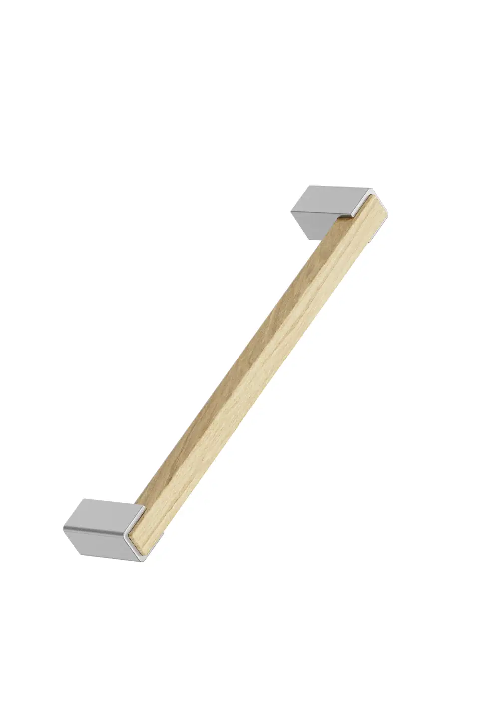 Segment cabinet handle with Inox-look aluminium and clear lacquered oak for kitchen cabinets, drawers, and bespoke furniture.