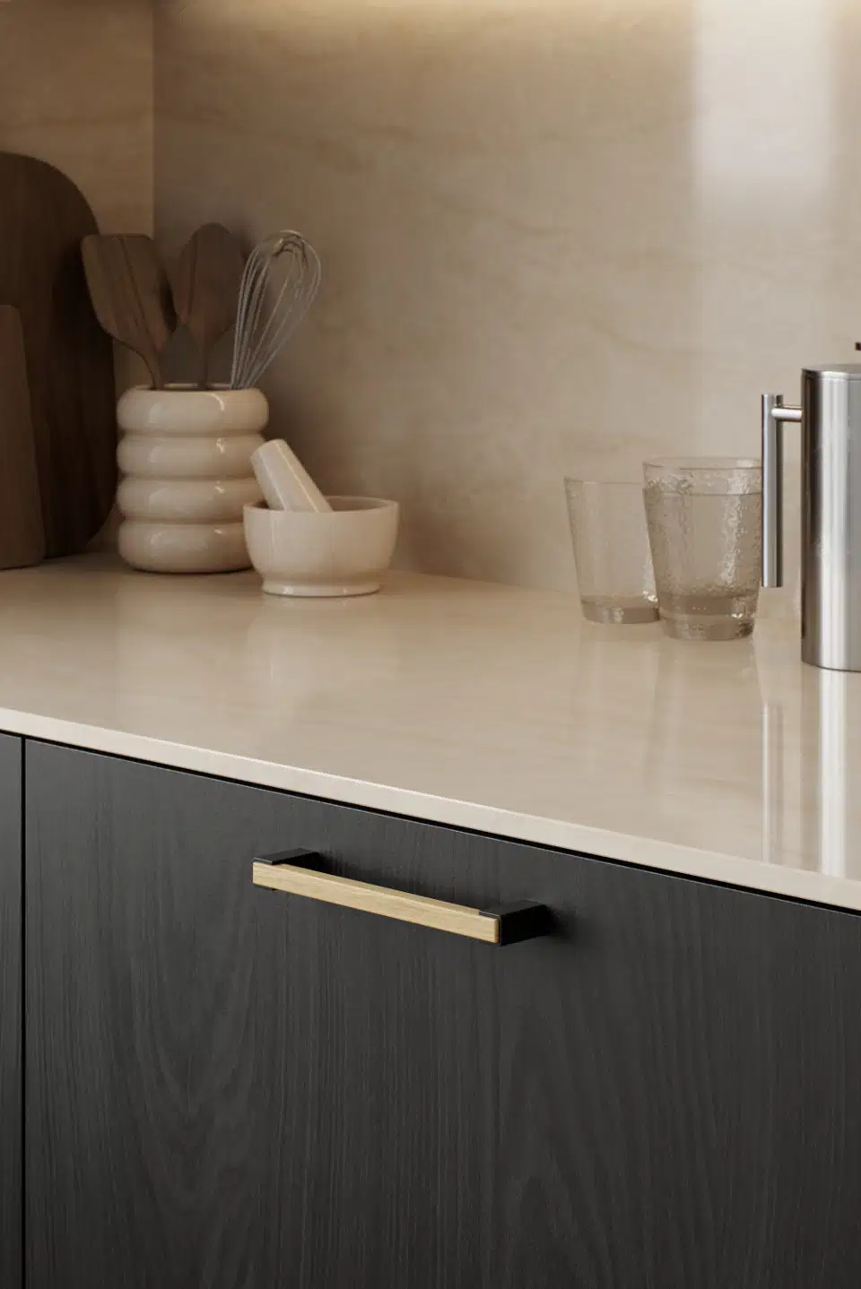 Segment cabinet handle with matt black aluminium and clear lacquered oak for kitchen cabinets, drawers, and bespoke furniture.