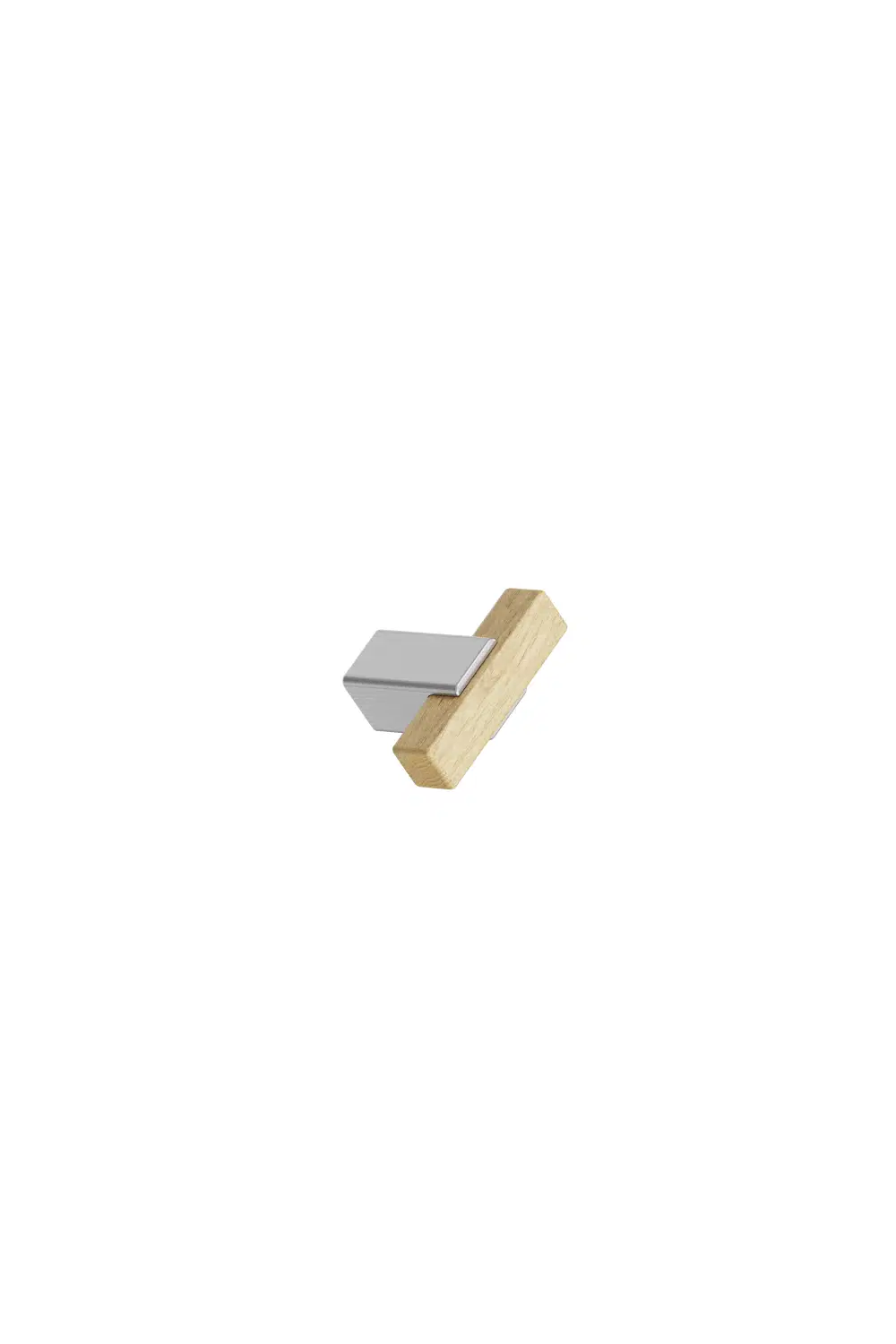 Segment cabinet knob with Inox-look aluminium and clear lacquered oak for kitchen cabinets, drawers, and bespoke furniture.