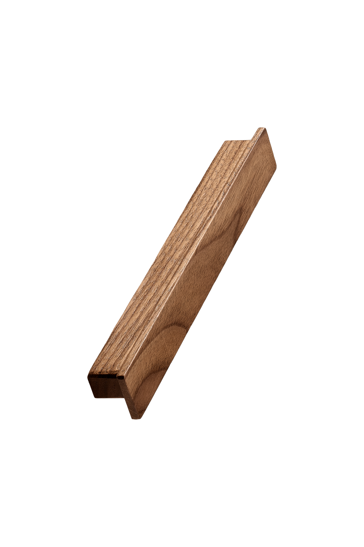 Shelter clear lacquered walnut profile handle for kitchen cabinets, drawers, wardrobes, and bespoke furniture.