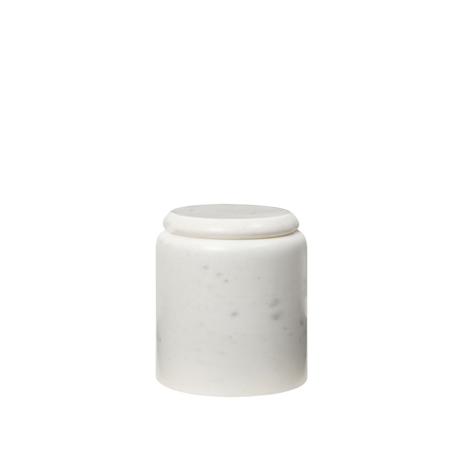Hedvig Canister in white marble with a rounded lid and subtle natural veining