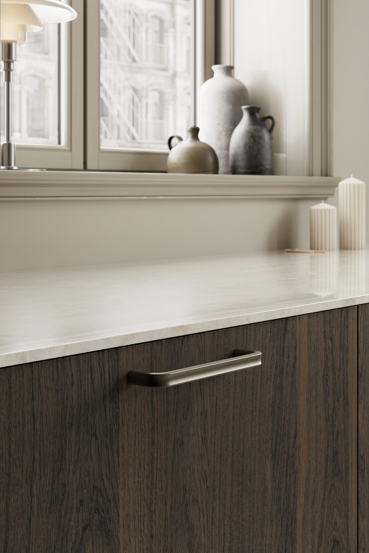 Terra matt bronze cast iron cabinet handle for kitchen cabinets, drawers, wardrobes, and bespoke furniture.