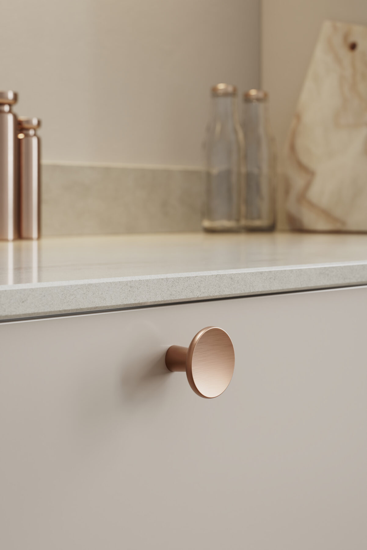 Terra_559820037-96 Terra brushed copper cast iron cabinet knob for kitchen cabinets, drawers, wardrobes, and bespoke furniture.