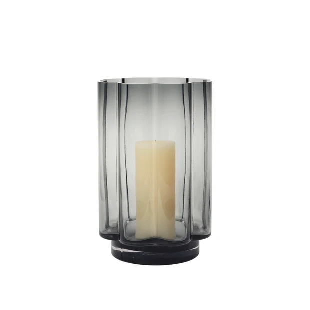 Large Anya Hurricane Candle Holder in grey mouthblown glass with sculptural curved detailing