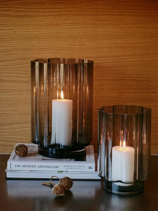 Anya Hurricane Candle Holder in grey mouthblown glass with sculptural curved detailing