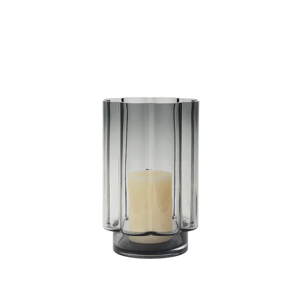 Anya Hurricane Candle Holder in grey mouthblown glass with sculptural curved detailing