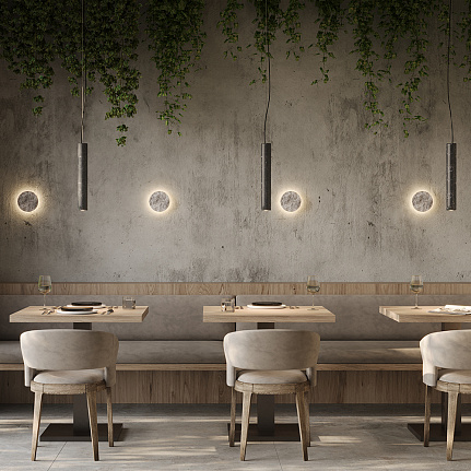 basic-marble-linear-pendant-light-black-lifestyle Basic Marble Linear Pendant Light in black with slim cylindrical shade and dark marble-effect finish.