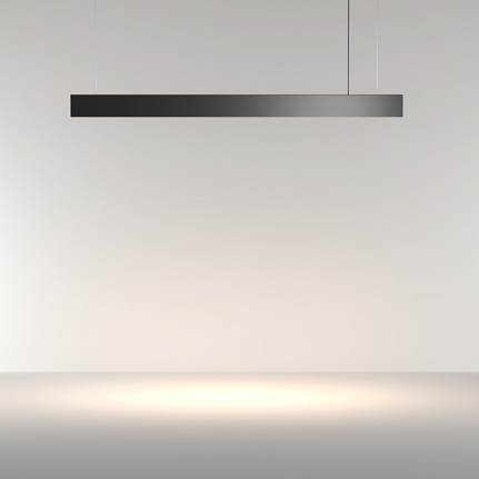 basis-linear-pendant-light-black-lit Basis Linear Pendant Light in black with slim 1125mm aluminium profile and minimalist contemporary design.