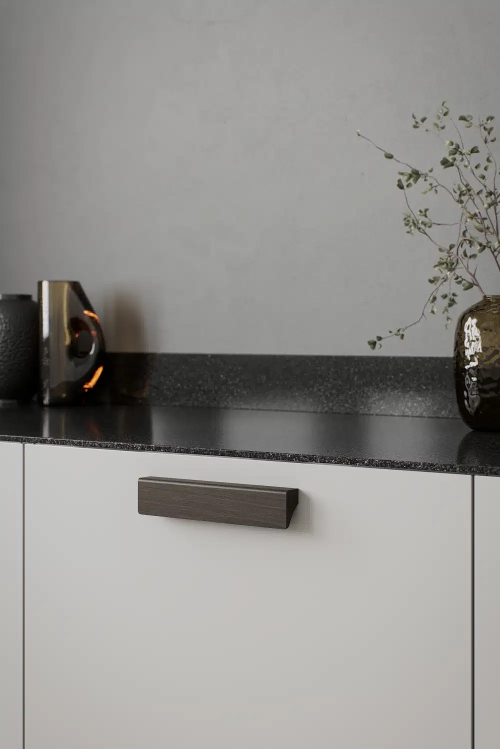 baum-handle-dark-brown-oak-lifestyle Baum dark brown oak cabinet handle for kitchen cabinets, drawers, wardrobes, and bespoke furniture.