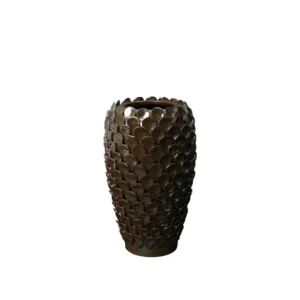 Dorthea Vase in brown reactive glazed ceramic with textured scale-like detailing