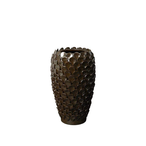 Dorthea Vase in brown reactive glazed ceramic with textured scale-like detailing