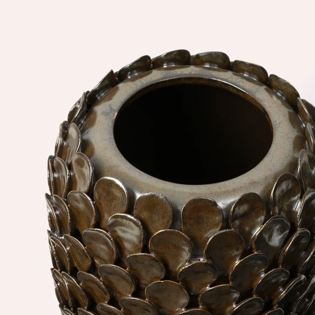 Dorthea Vase in brown reactive glazed ceramic with textured scale-like detailing