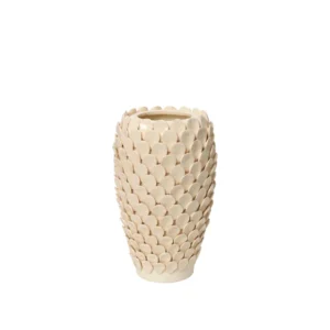 Dorthea Vase in cream reactive glazed ceramic with textured scale-like detailing