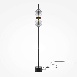 Double Moon black floor lamp with sculptural glass shade and contemporary metal frame.