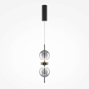 Double Moon pendant light with two clear glass spheres, slim black frame and contemporary design.