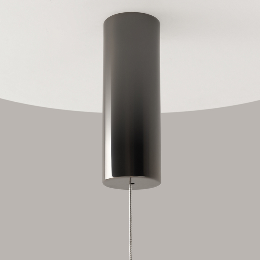 Double Moon pendant light with two clear glass spheres, slim black frame and contemporary design.