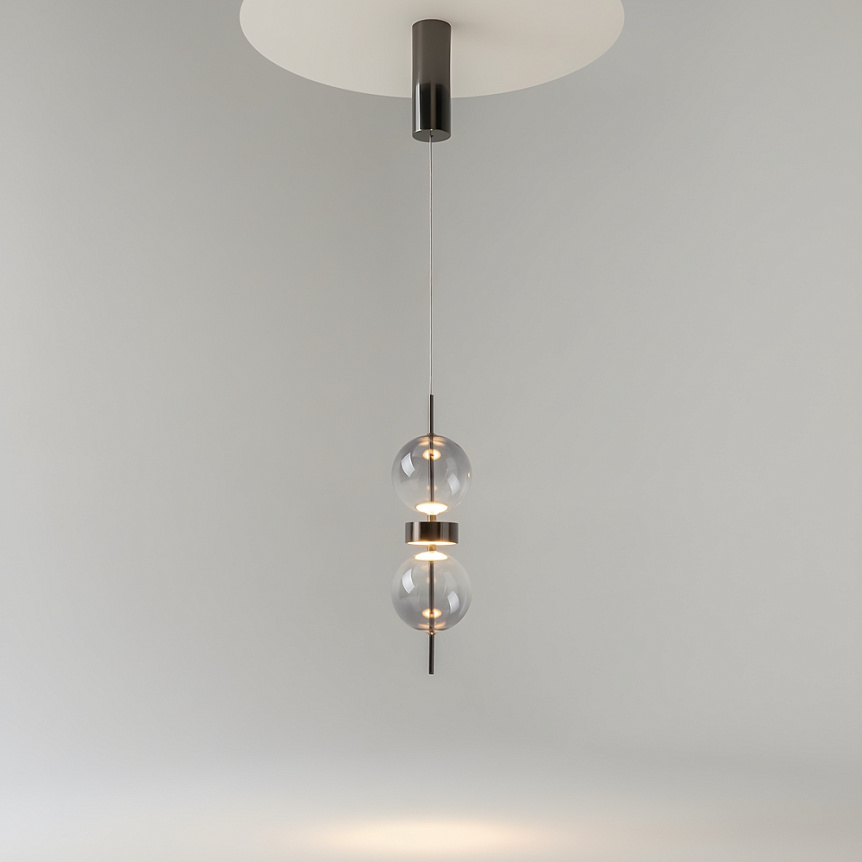 Double Moon pendant light with two clear glass spheres, slim black frame and contemporary design.