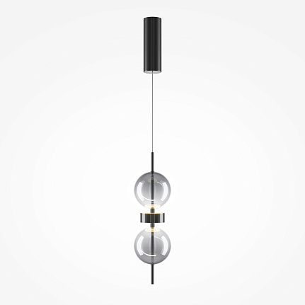 Double Moon pendant light with two clear glass spheres, slim black frame and contemporary design.