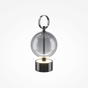 Double Moon rechargeable table lamp with glass shade, black metal frame and contemporary sculptural design.