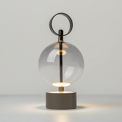 double-moon-rechargeable-table-lamp-black-lit Double Moon rechargeable table lamp with glass shade, black metal frame and contemporary sculptural design.