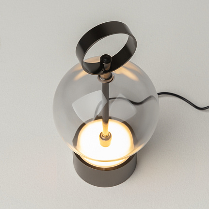 double-moon-rechargeable-table-lamp-black-top Double Moon rechargeable table lamp with glass shade, black metal frame and contemporary sculptural design.