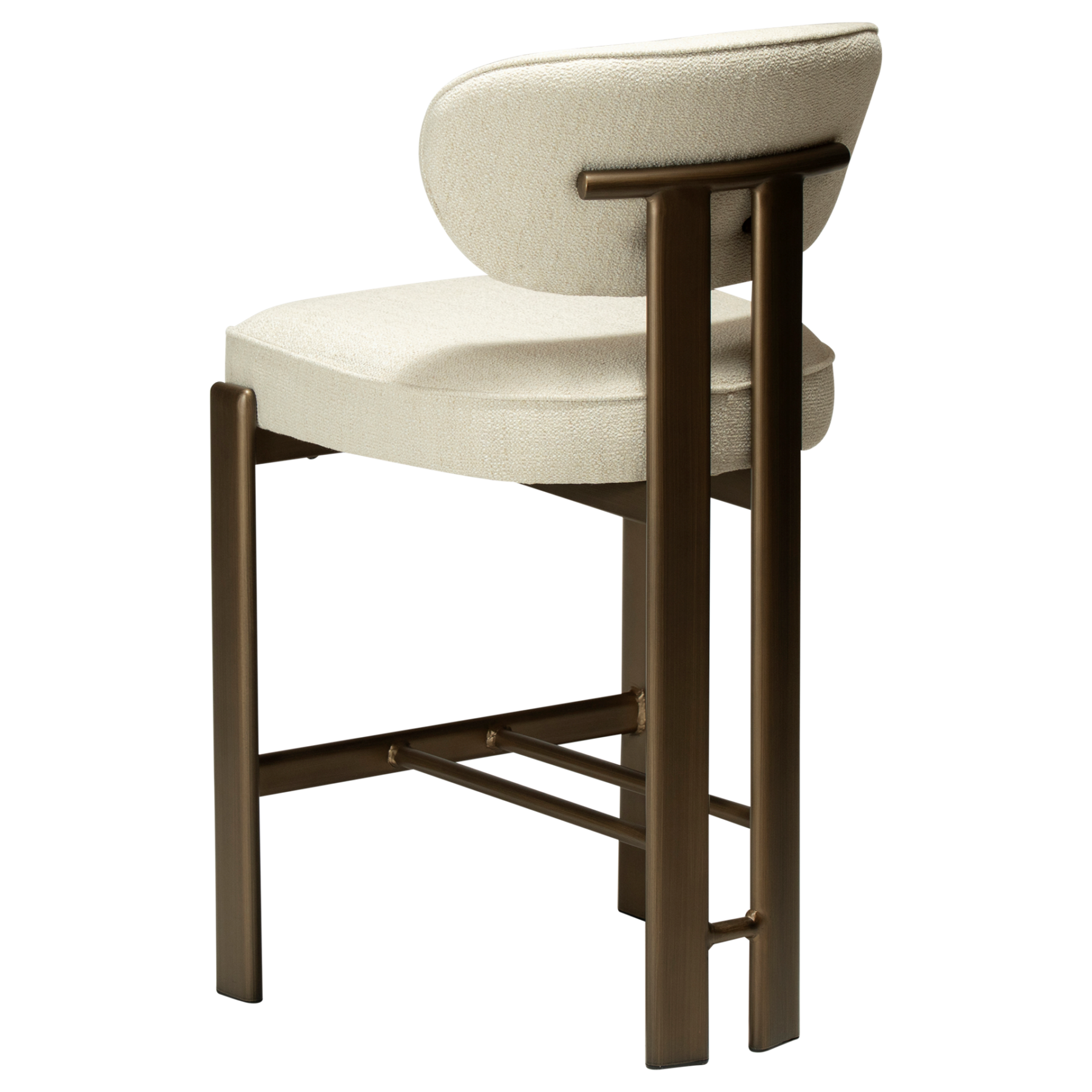 duct-counter-stool-simply-beige-boucle-antique-brass-angled DUCT counter stool in Simply Beige bouclé with antique brass legs and upholstered backrest