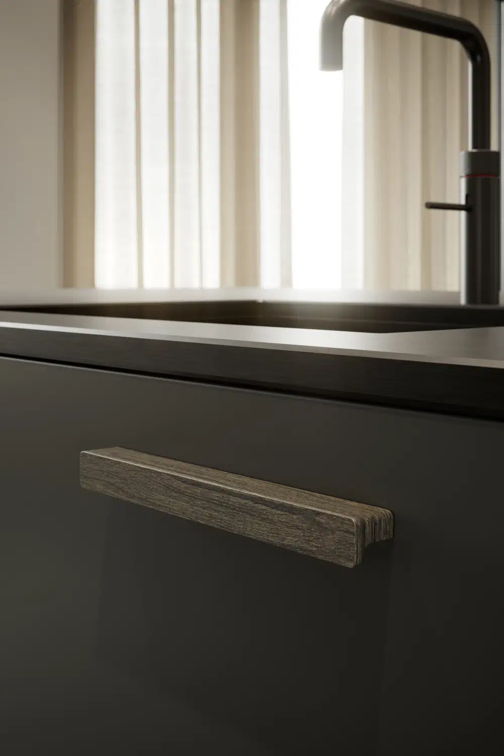 elan-handle-dark-brown-oak-lifestyle Elan dark brown oak cabinet handle for kitchen cabinets, drawers, wardrobes, and bespoke furniture.