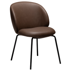Era Chair in Major Brown faux leather with a rounded upholstered back, padded seat and slim black legs.