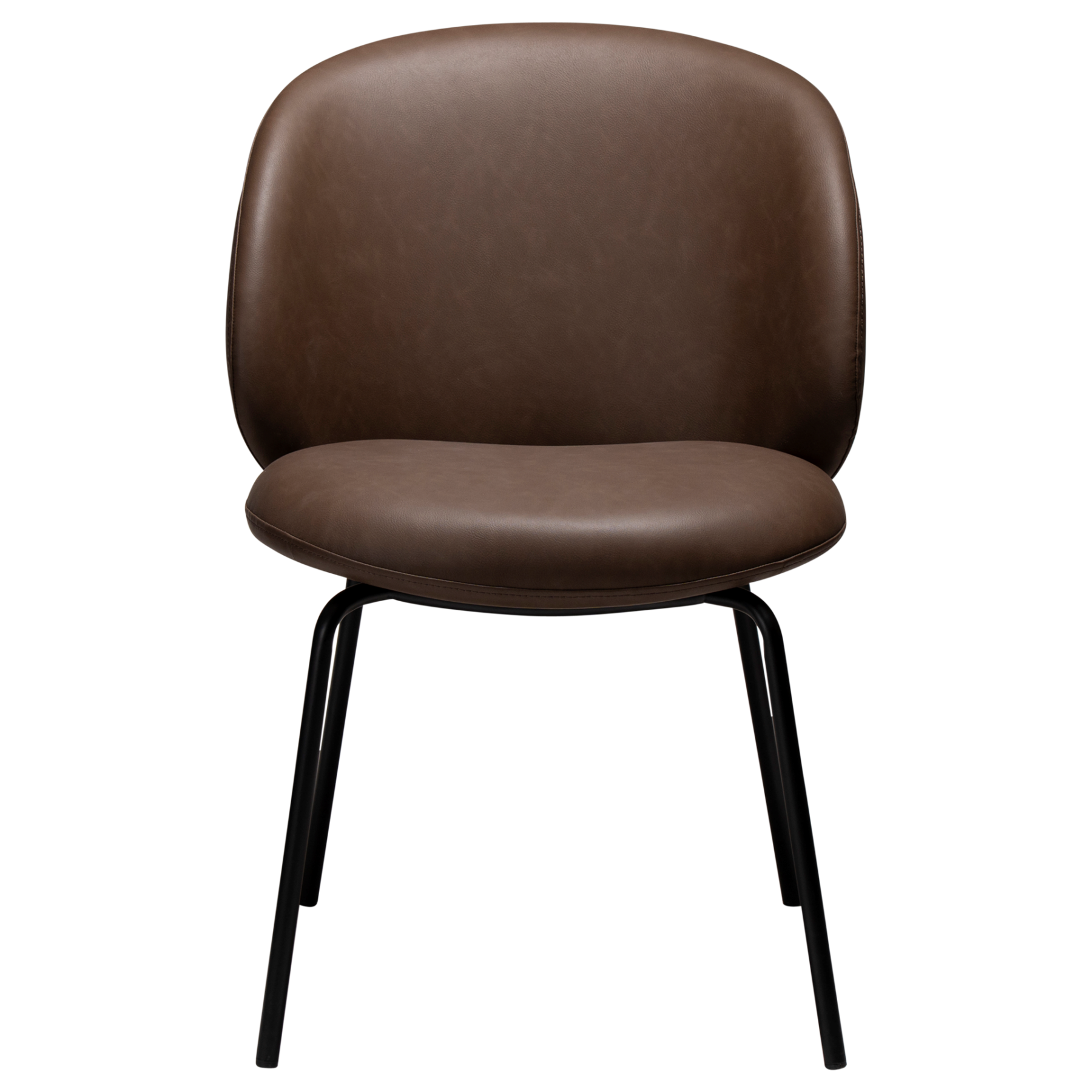 Era Chair in Major Brown faux leather with a rounded upholstered back, padded seat and slim black legs.