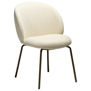 Era Chair in Simply Beige upholstery with rounded backrest, curved seat and slim Antique Brass legs.